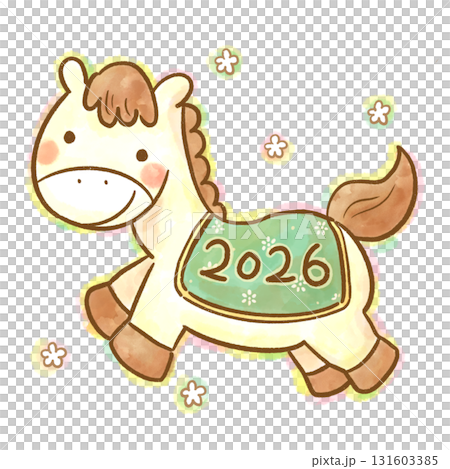 2026年生肖：可愛的白馬水彩人物插圖（自然色，新年卡） 131603385