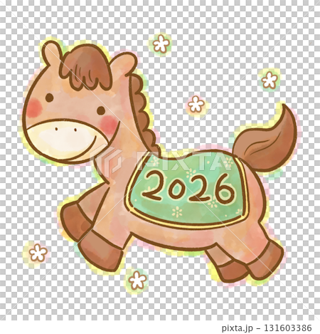 2026年生肖年 - 可愛的馬水彩人物插圖（自然色，新年賀卡） 131603386