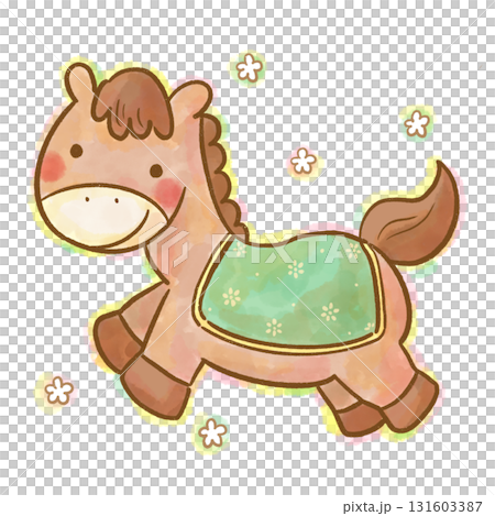 可愛的馬的水彩插圖（自然色，新年賀卡） 131603387