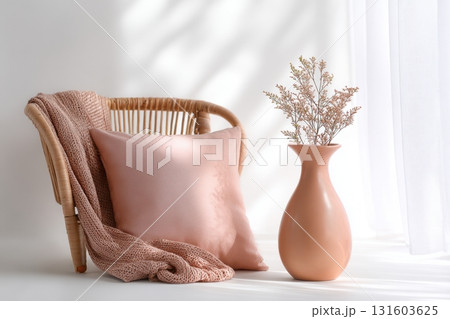 Home decor set in guava color featuring pillow, vase, and throw on white background, ideal for interior branding and summer moodboards Home decor set in guava color featuring pillow, vase, and throw on white background, ideal for interior branding and summer moodboards 131603625