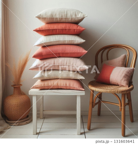 Stack of guava-colored linen pillows with soft textures and cozy styling for warm home interior scenes. 131603641