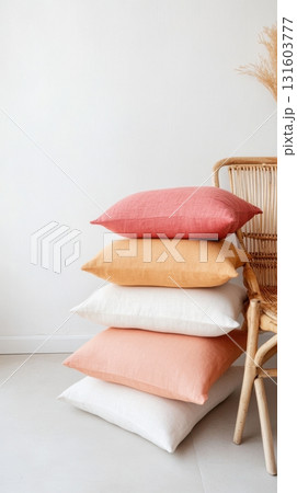 Guava Color Linen Throw Pillows and Rattan Chair on White Background, Cozy Interior Design Scene Guava Color Linen Throw Pillows and Rattan Chair on White Background, Cozy Interior Design Scene 131603777