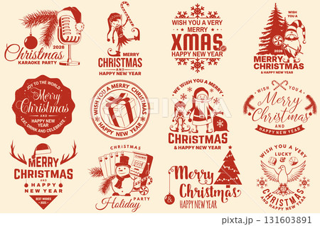Merry Christmas and Happy New Year stamp, sticker, patch. Vintage print, logo, badge design with Santa Claus, Elf, casino dice, snowman, poker playing card, slot machines and sweet candy cane. Vector Merry Christmas and Happy New Year stamp, sticker, patch. Vintage print, logo, badge design with Santa Claus, Elf, casino dice, snowman, poker playing card, slot machines and sweet candy cane. Vector 131603891