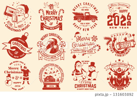 Merry Christmas and Happy New Year stamp, sticker, patch. Vintage print, logo, badge design with Santa Claus, Elf, casino dice, snowman, poker playing card, slot machines and sweet candy cane. Vector 131603892