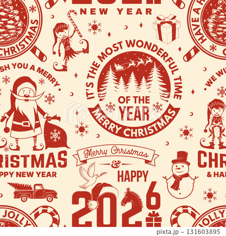 Merry Christmas and Happy New Year seamless pattern or background. stamp, sticker set with trees, Santa and Elf. Vector. Vintage wallpaper for xmas with new year emblem in retro style Merry Christmas and Happy New Year seamless pattern or background. stamp, sticker set with trees, Santa and Elf. Vector. Vintage wallpaper for xmas with new year emblem in retro style 131603895