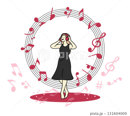 ヘッドフォンでお気に入りの音楽を聴いて楽しくリズムを刻む女性 131604009
