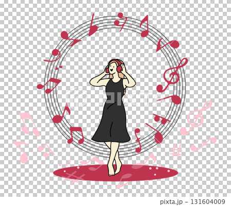 ヘッドフォンでお気に入りの音楽を聴いて楽しくリズムを刻む女性 131604009