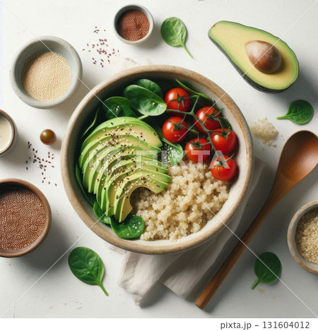 Isolated image of clean meal prep with whole grains and fresh vegetables for wellness and diet content. 131604012