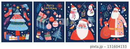 A set of four Christmas illustrations featuring Santa Claus, a Christmas tree, gifts, snowmen, socks, and snowflakes on a dark blue background. This flat cartoon vector design is perfect for a poster A set of four Christmas illustrations featuring Santa Claus, a Christmas tree, gifts, snowmen, socks, and snowflakes on a dark blue background. This flat cartoon vector design is perfect for a poster 131604133