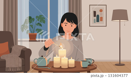 Young woman lighting candles at home in the evening 131604377