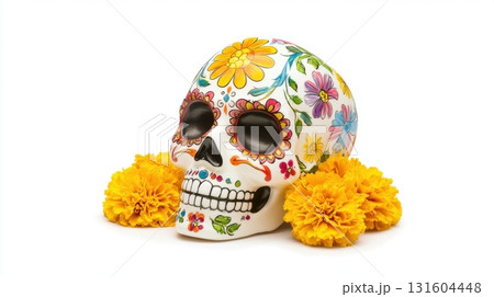 Bright ceramic skull with floral accents perfect for Day of the Dead designs and celebrations 131604448