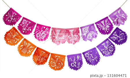 Bright papel picado flags with skull and floral cutouts isolated on white background, festive and traditional decor 131604471