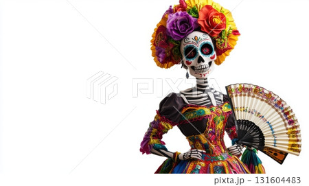 Isolated festive skeleton character in traditional Mexican outfit with stylized skull face 131604483