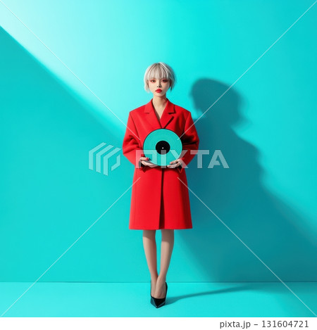 Conceptual portrait of a young woman in a bold red coat holding a vinyl record, minimalist pastel setting with geometric shadows, perfect for album cover design 131604721