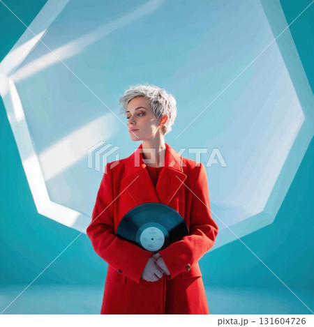 Young Woman in Structured Red Coat Holding Vinyl Record in Minimalist Pastel Blue Room with Geometric Shadows, Conceptual Photography for Album Cover or Poster Design Young Woman in Structured Red Coat Holding Vinyl Record in Minimalist Pastel Blue Room with Geometric Shadows, Conceptual Photography for Album Cover or Poster Design 131604726