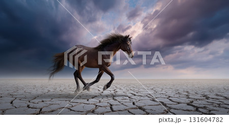 Dramatic close-up of a black horses eye with vivid flames reflected, symbolizing the strength of the 2026 Fire Horse 131604782