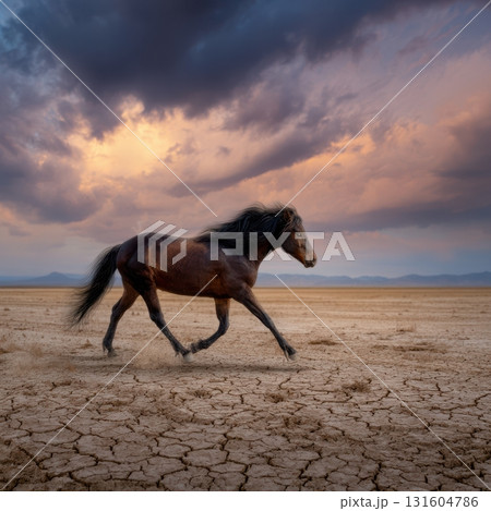Dramatic close-up of a black horses eye with vivid flames reflected, symbolizing the strength of the 2026 Fire Horse 131604786