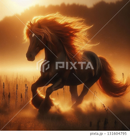 Dramatic close-up of a black horses eye with vivid flames reflected, symbolizing the strength of the 2026 Fire Horse 131604795