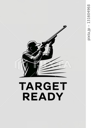 A modern, minimalistic logo featuring a stark silhouette of a sportsman in mid-action, holding a rifle gun aimed upwards. 131604968