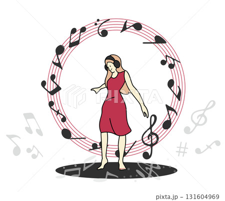 ヘッドフォンでお気に入りの音楽を聴いて楽しくリズムを刻む女性 131604969