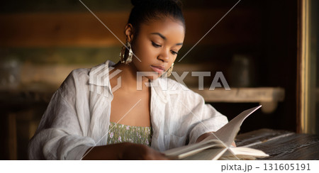 Young Black Woman in Oversized Linen Shirt Reading a Novel at Rustic Cafe Table in Warm Golden Hour Light, Literary Lifestyle Photography Young Black Woman in Oversized Linen Shirt Reading a Novel at Rustic Cafe Table in Warm Golden Hour Light, Literary Lifestyle Photography 131605191