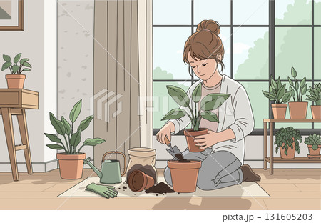 Young woman repotting houseplants at home 131605203