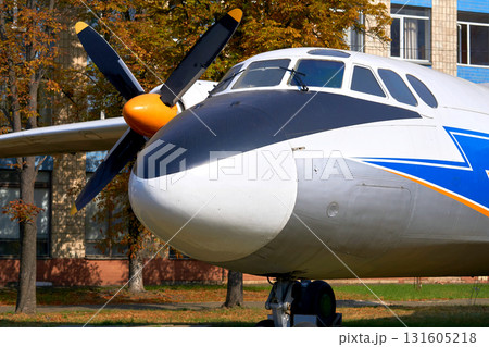 Aviation Institute.Old propeller driven passenger plane parked Aviation Institute.Old propeller driven passenger plane parked 131605218