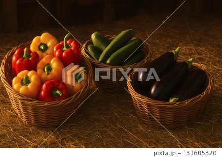 Vibrant rustic harvest: colorful bell peppers, crisp cucumbers & glossy eggplants 131605320