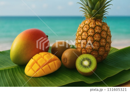Tropical fruit feast: fresh mango, pineapple & kiwi on banana leaves by turquoise beach 131605321