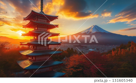 Stunning View Of Mount Fuji And Chureito Pagoda At Sunrise In Fujiyoshida 131605340