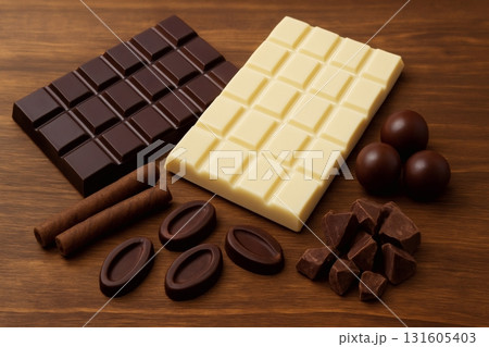 Assortment of luxurious dark and white chocolates on rustic wooden table 131605403
