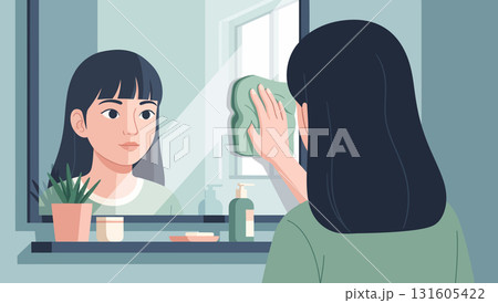 Young woman cleaning bathroom mirror 131605422