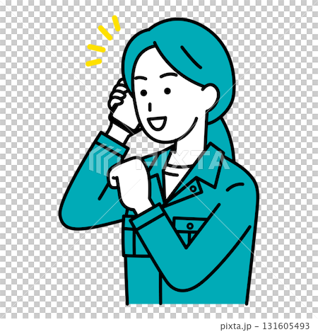 スマートフォンでの通話で喜ぶ作業員の女性 131605493
