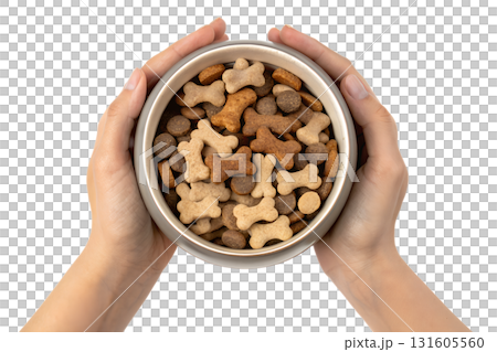 Human hands holding transparent bowl of dry brown dog food, pet care and nutrition concept isolated on transparent background Human hands holding transparent bowl of dry brown dog food, pet care and nutrition concept isolated on transparent background 131605560