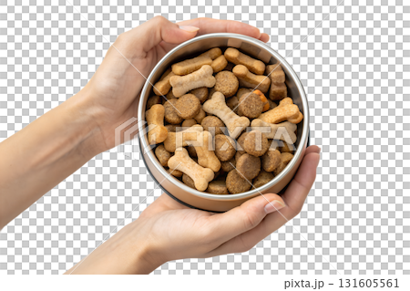 Hands with bowl filled with premium dog food, isolated on transparent background for pet product mockups, responsible pet ownership and feeding time concept Hands with bowl filled with premium dog food, isolated on transparent background for pet product mockups, responsible pet ownership and feeding time concept 131605561