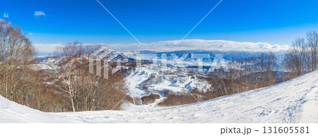 無人の非圧雪コースから見渡すスキーリゾートのパノラマ風景 (新潟県、斑尾高原) 131605581