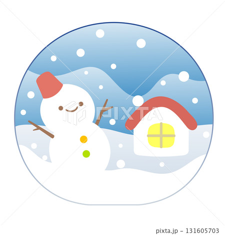 かわいいスノードームのイラスト(雪だるまと家の冬景色) かわいいスノードームのイラスト(雪だるまと家の冬景色) 131605703