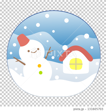 かわいいスノードームのイラスト(雪だるまと家の冬景色) かわいいスノードームのイラスト(雪だるまと家の冬景色) 131605703
