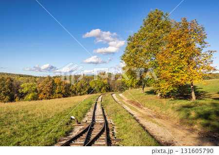 Railroad tracks wind through an idyllic autumn landscape under a clear blue sky with scattered clouds. Railroad tracks wind through an idyllic autumn landscape under a clear blue sky with scattered clouds. 131605790