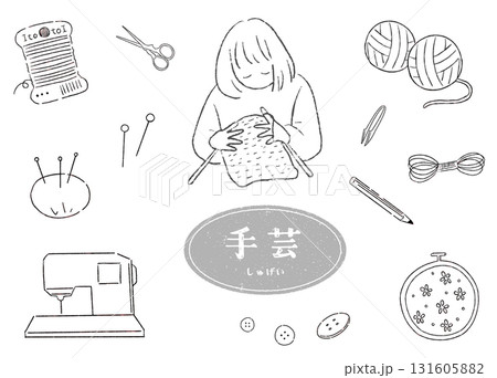 手芸や裁縫の手描きイラスト　線画セット 131605882