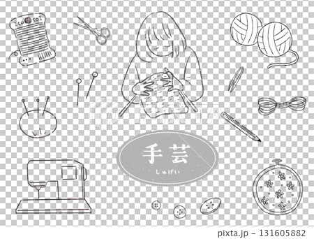 手芸や裁縫の手描きイラスト　線画セット 131605882