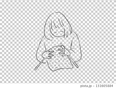 Hand-drawn line drawing of a person knitting yarn 131605884