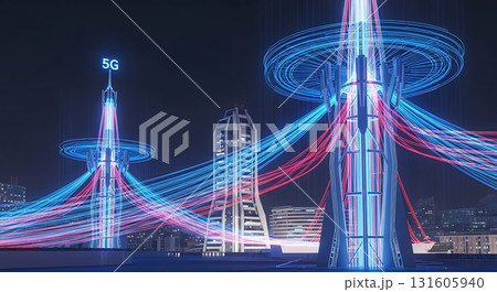 Futuristic city skyline with illuminated towers and visible data streams at night time conceptual art 131605940