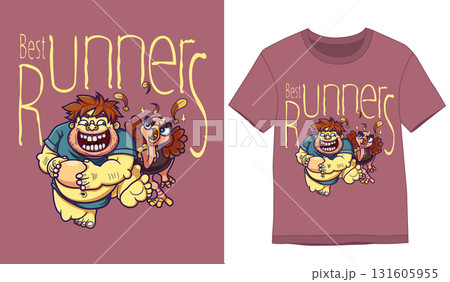 Tshirt Designs. fat young man ran to steal ostrich eggs of illustration 131605955