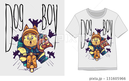 Tshirt Designs. fat young man riding a scooter and carrying a dog of illustration 131605966