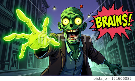Hungry Zombie with Glowing Eyes Chasing Brains in a Dark City Street. 131606083