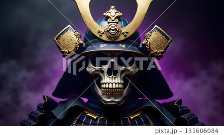 Intricate Samurai Skeleton Warrior in Ornate Armor Against a Purple Haze. 131606084