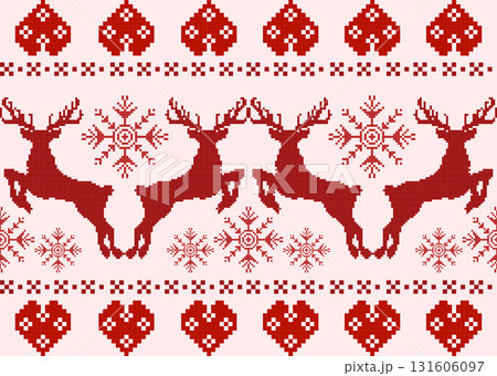 Red cross-stitch Christmas pattern featuring reindeer, snowflakes and hearts. Perfect for festive textiles, holiday crafts, greeting cards and winter decorations. Red cross-stitch Christmas pattern featuring reindeer, snowflakes and hearts. Perfect for festive textiles, holiday crafts, greeting cards and winter decorations. 131606097