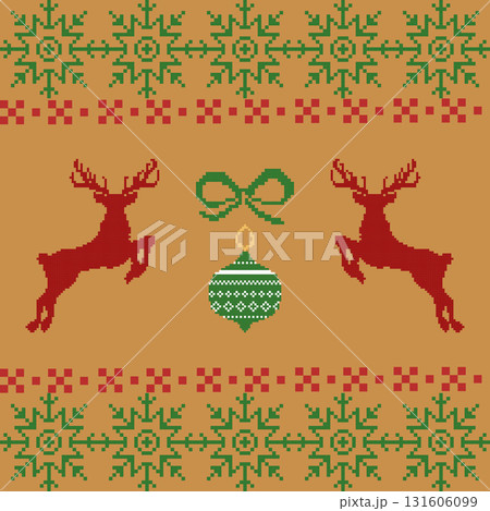 A seamless Christmas pattern with festive holiday icons, including bows reindeer on gold background. Perfect for holiday decorations, digital backgrounds,wrapping paper, textiles design. 131606099