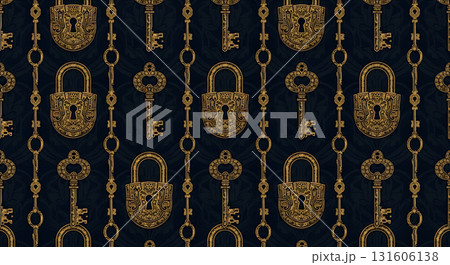 Pattern of gold keys and locks on a dark background with decorative elements in a repeating design 131606138
